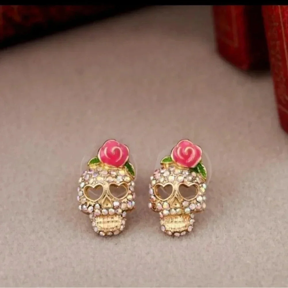 1 LEFT! Sugar Skull Rhinestone with Bow Stud Earrings - Picture 3 of 3